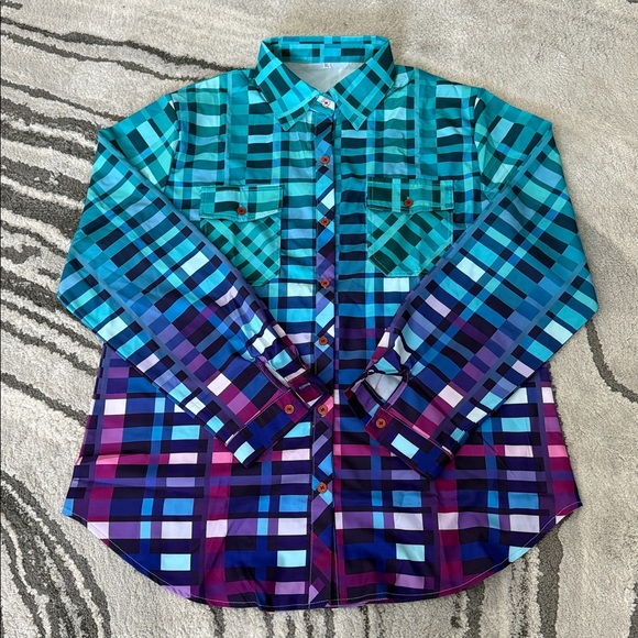 Women's Plaid Button Down Shirt - Blue and Purple - Picture 4 of 9
